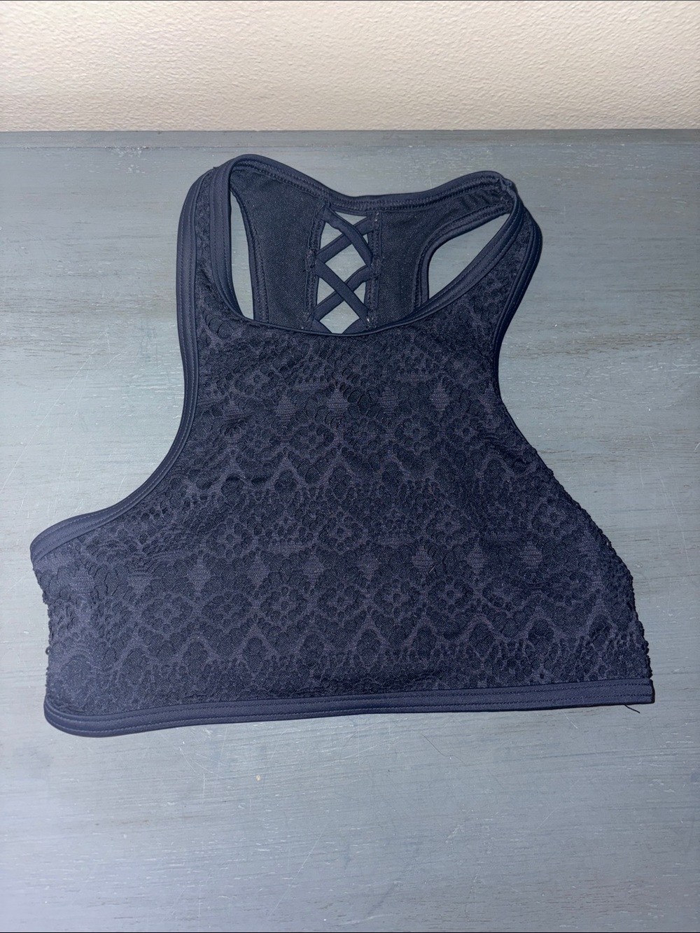 Abercrombie Kids Navy Blue Lace High-Neck Swim Top Bikini Racerback Crochet sz11